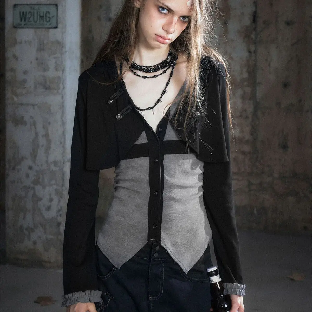 CestNous Original Vintage Autumn Knitted Faux 2pc Top Y2K Subculture Punk Slim Pullovers Cross Punk Short Outer Hooded Shirt