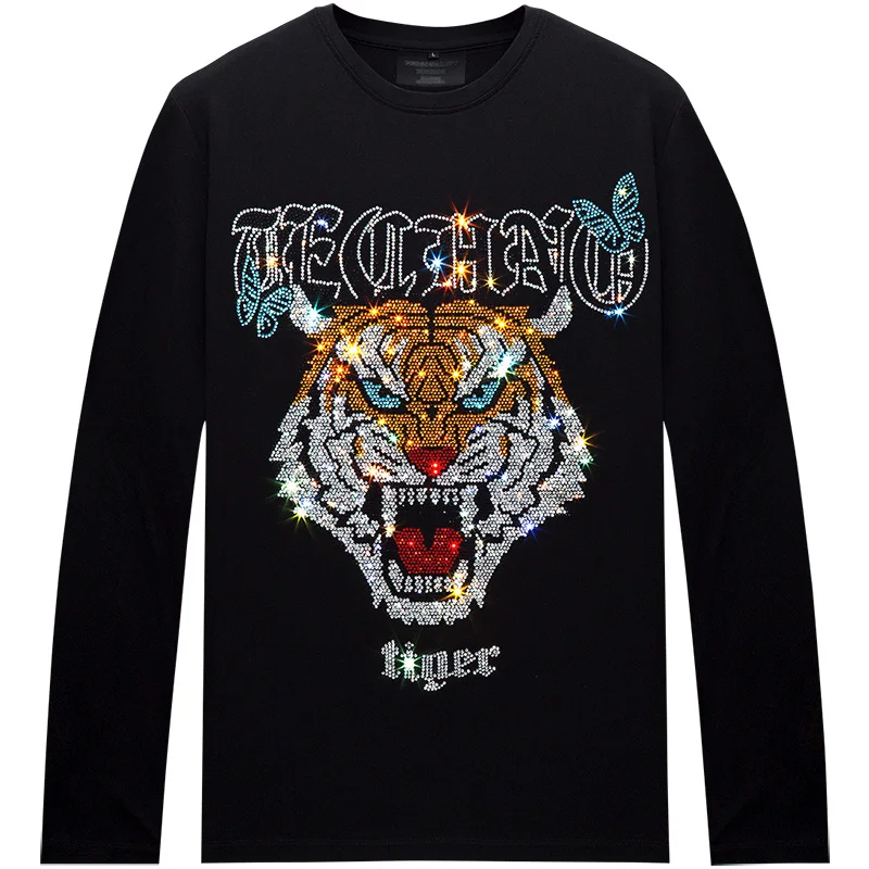 

Fashion Brand Mens T Shirts Homme Personalized Trend Hot Drilling Tiger Head Slim Modal Cotton O Neck Long Sleeve T-shirts Men