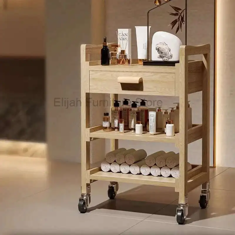

Solid wood multifunctional beauty cart beauty salon special car three-layer shelving tool with drawers salon furniture