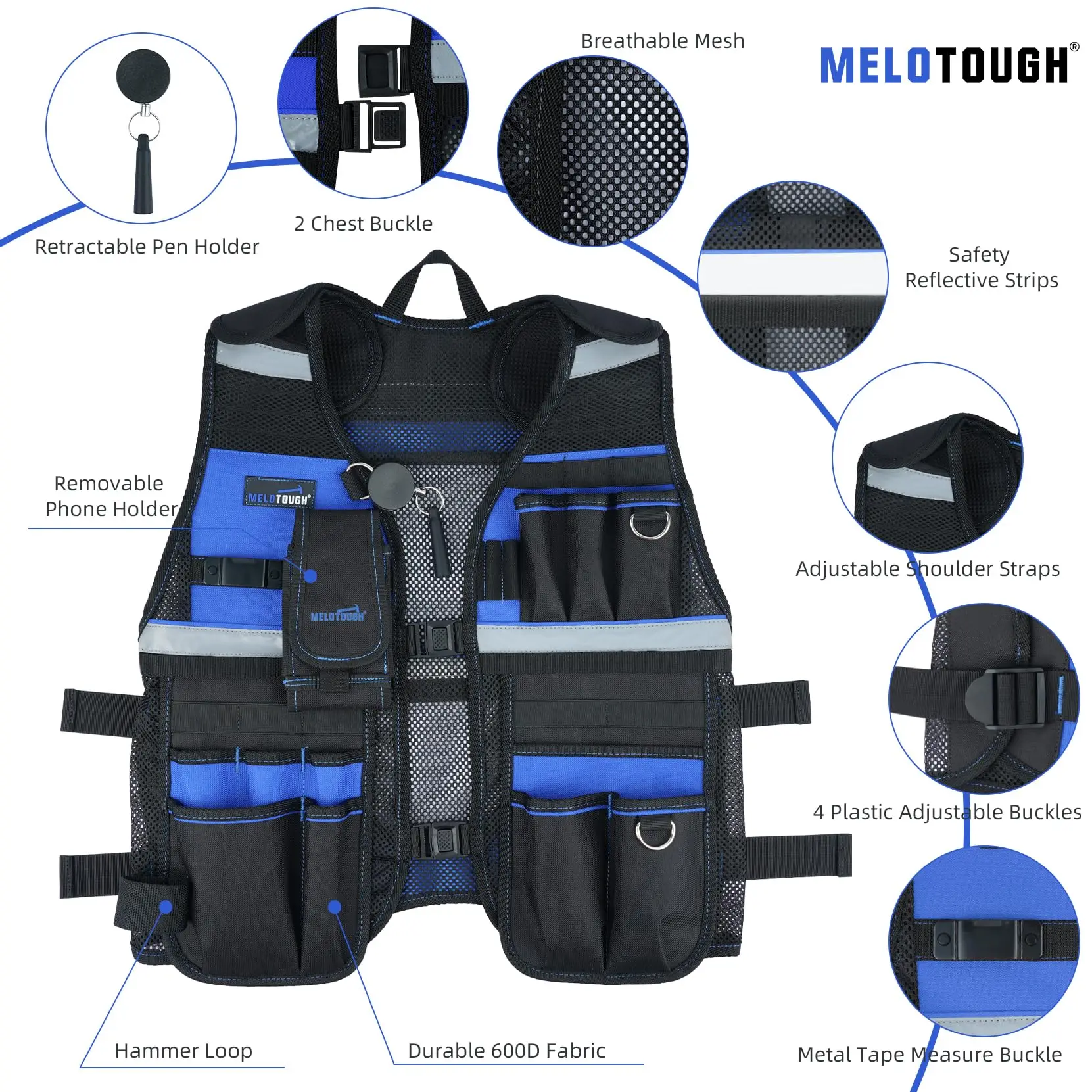 MELOTOUGH Tool Vest Reflective Safety Tool Vest with Removable Phone Holder for Electrician,Carpenter,Construction