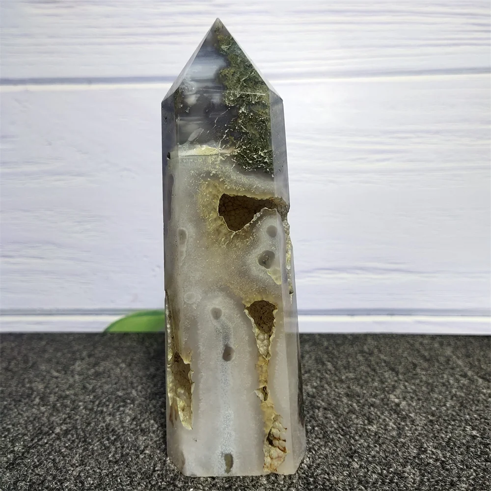 Natural Crystal Water Grass Agate Geode Hexagon Prism Tower Obelisk Spiritual Meditation Reiki Gift Stone Home Decoration