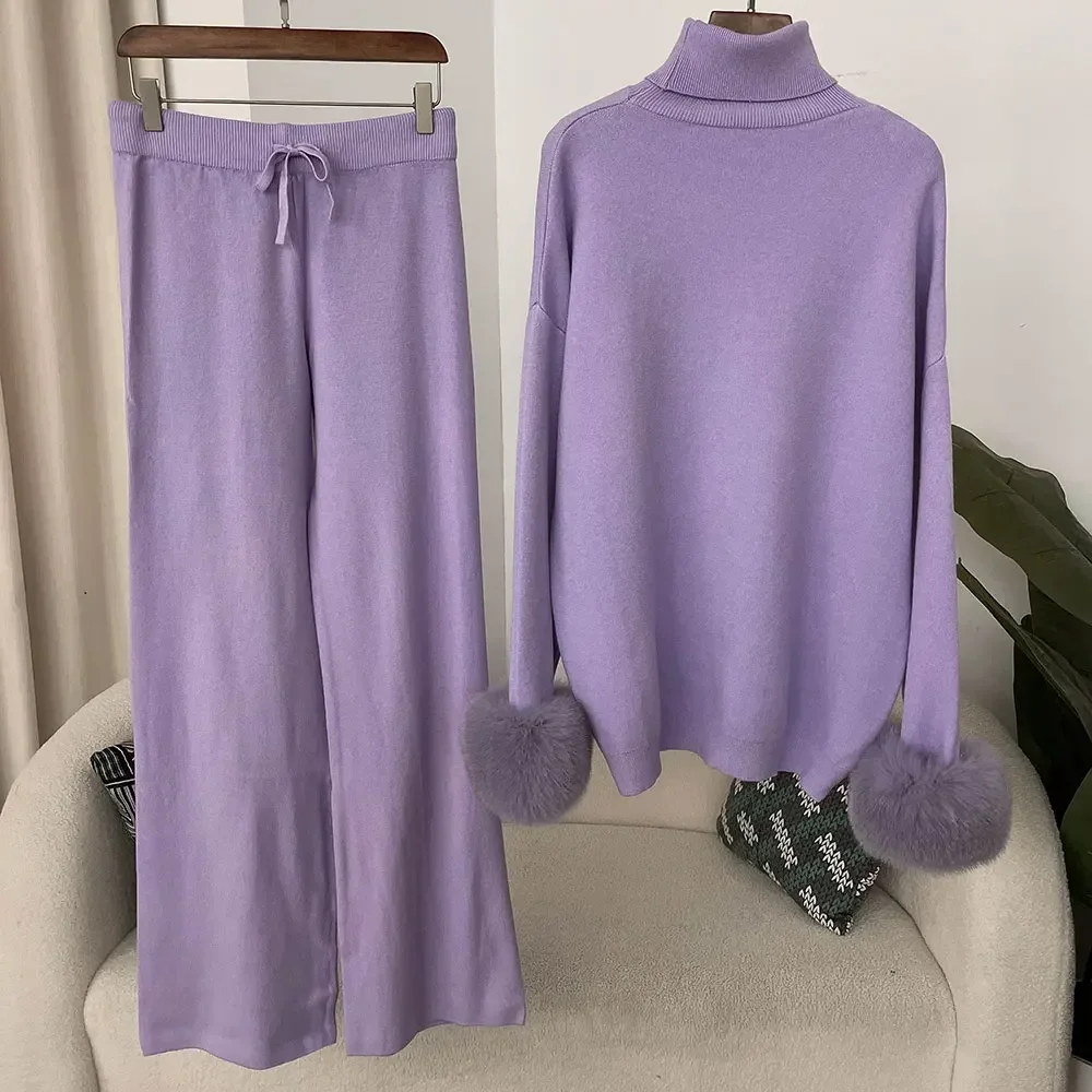 Thick Warm Natural Real Fox Fur Cuffs Coat 2024 New Fashion Autumn Winter Knitted Sweater Women Long Pants Set Jacket