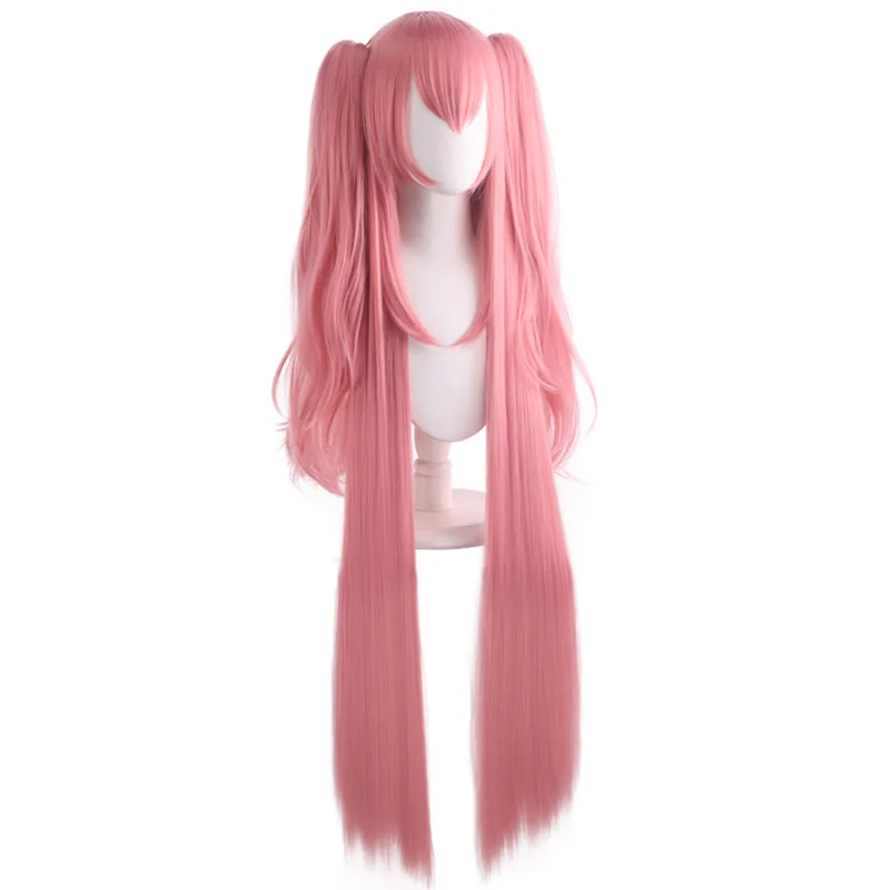 Synthetic Long Pink Cosplay Wig 110cm Twin Clip Ponytails Yume-Inspired Queen Style Anime Party Hairpiece
