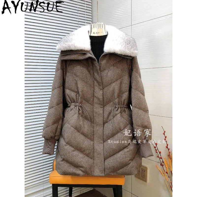 

AYUNSUE White Goose Down Jacket Woman Mink Fur Collar Mid-length Wool Coat Warm Women Winter Coats High Quality Woman Clothes