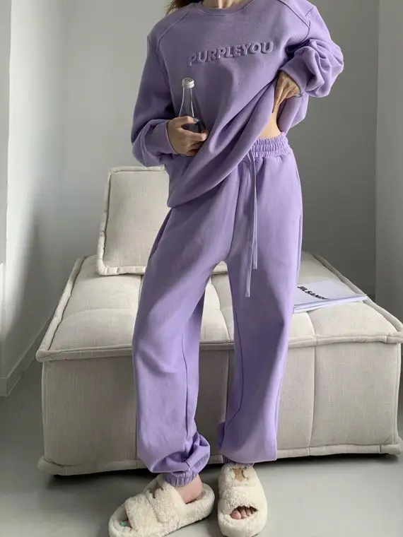 Damen 2026 Neuer Lila Sportanzug Frühling und Herbst Lässiger Modestil Lockerer Langarm-Pullover Oberteil und Hose 2-Teiliges Set – Detail 13