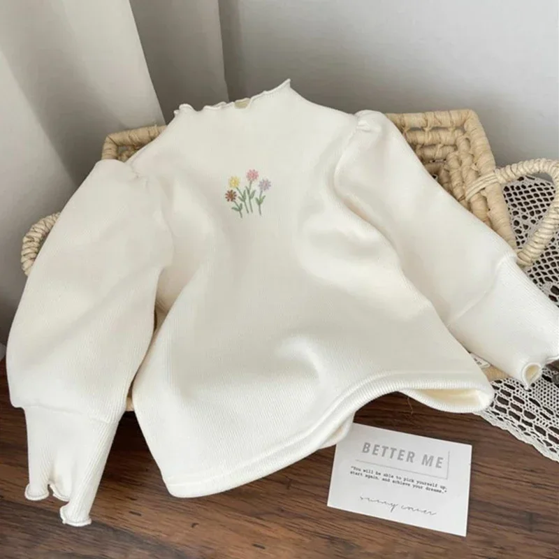 Jersey bordado con mangas abullonadas para niña – Suéter térmico suave - imagen 2