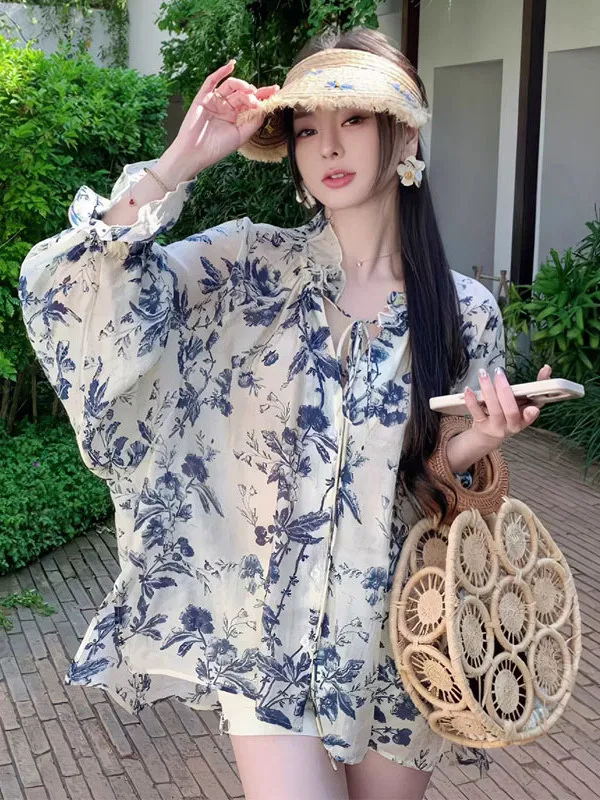 

Elegant Vintage Blue And White Design Shirt Summer 2025 Long Sleeve Irregular Hem Pleated Collar Korean Style Loose Fit Women...