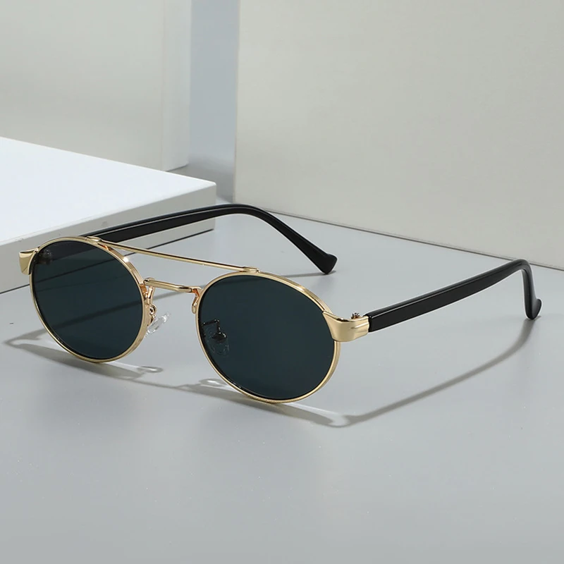SO&EI Retro Metal Double Bridges Oval Sunglasses Women Fashion Gradient Shades UV400 Men Punk Round Sun Glasses