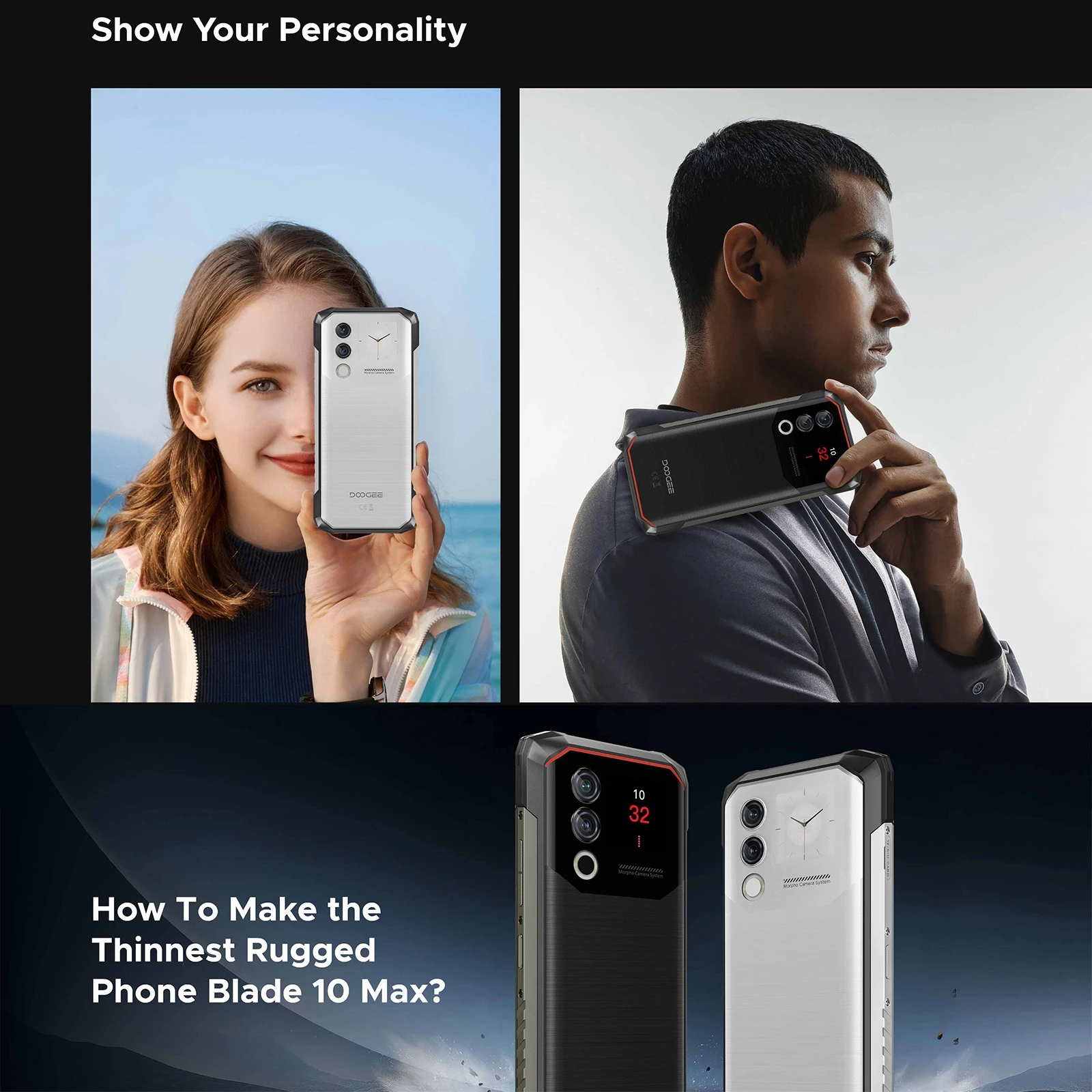 DOOGEE 블레이드 10 맥스 러기드 폰, 8GB + 256GB 50MP 메인 카메라, 18W 충전, 6.56 인치 90Hz 디스플레이, 안드로이드 14 10300mAh NFC 4G 스마트폰