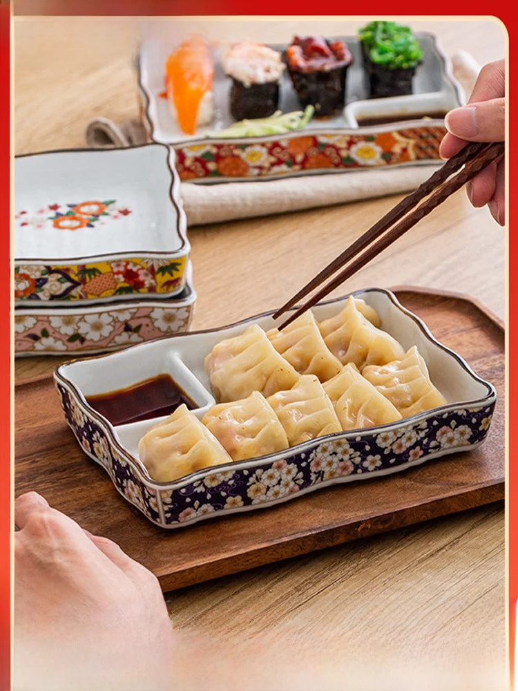 Plato de Cerámica Estilo Japonés con Divisiones para Empanadillas Fritas, Tempura y Salsas, Forma Rectangular, Apto para Adultos, Apto para Lavavajillas