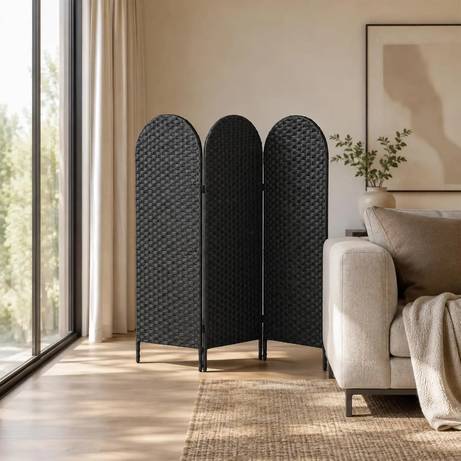 3 Panel PE Rattan Room Divider, Privacy Screen with Metal Frame