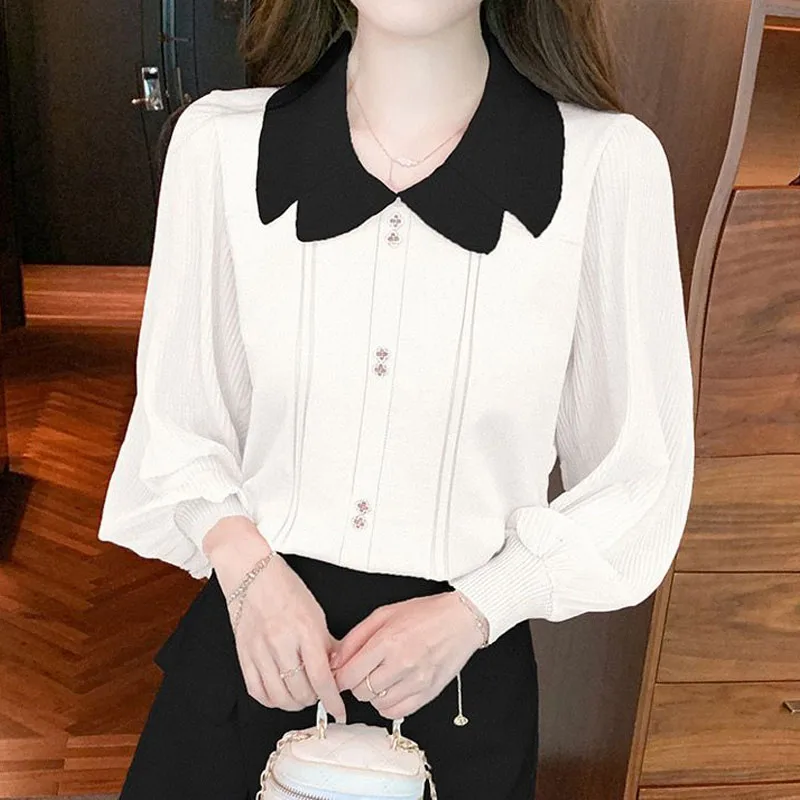 Sweet Fashion Peter Pan Collar Spliced Knitted Tops for Female Autumn Elegant Thin Contrast Color Sweaters Women\'s Clothing