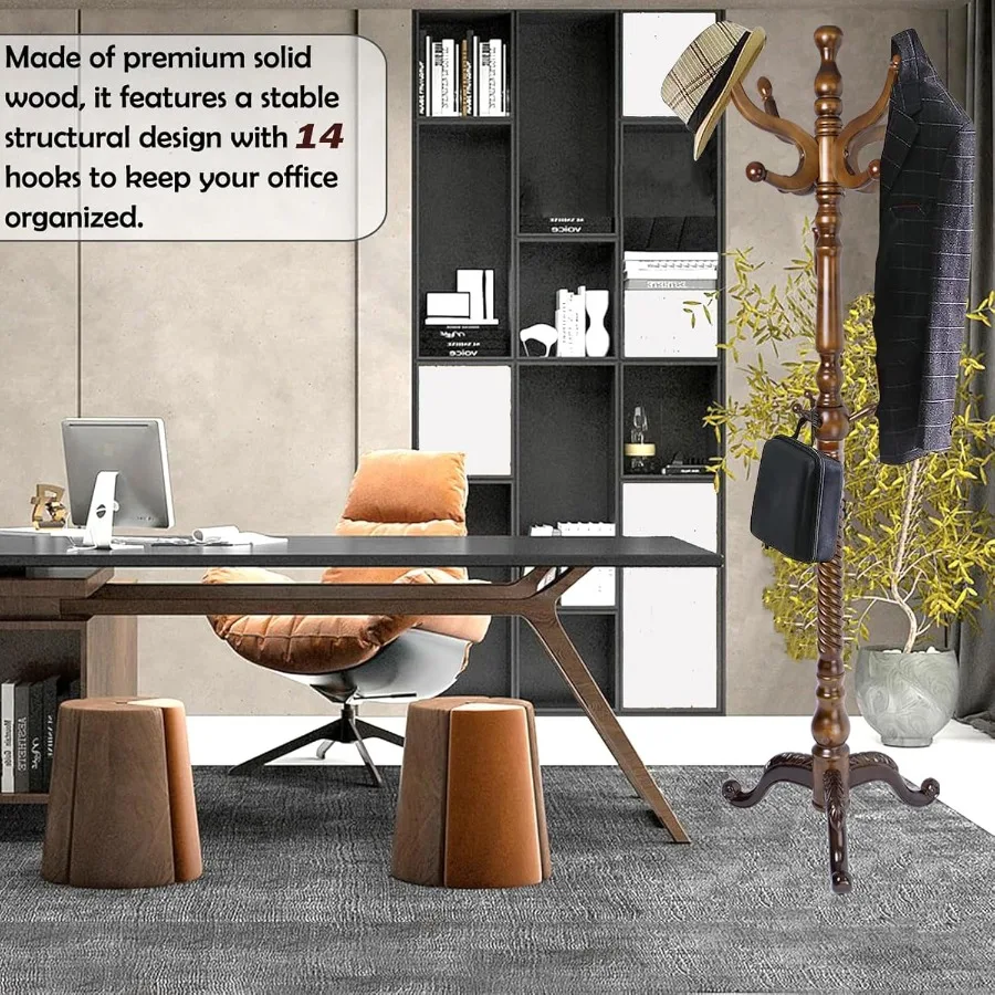 رف معطف قائم بذاته مع 11 خطافًا مصممًا للمدخل والمكتب المنزلي وغرفة النوم؛ ارتفاع قابل للتعديل يصل إلى 74 بوصة؛