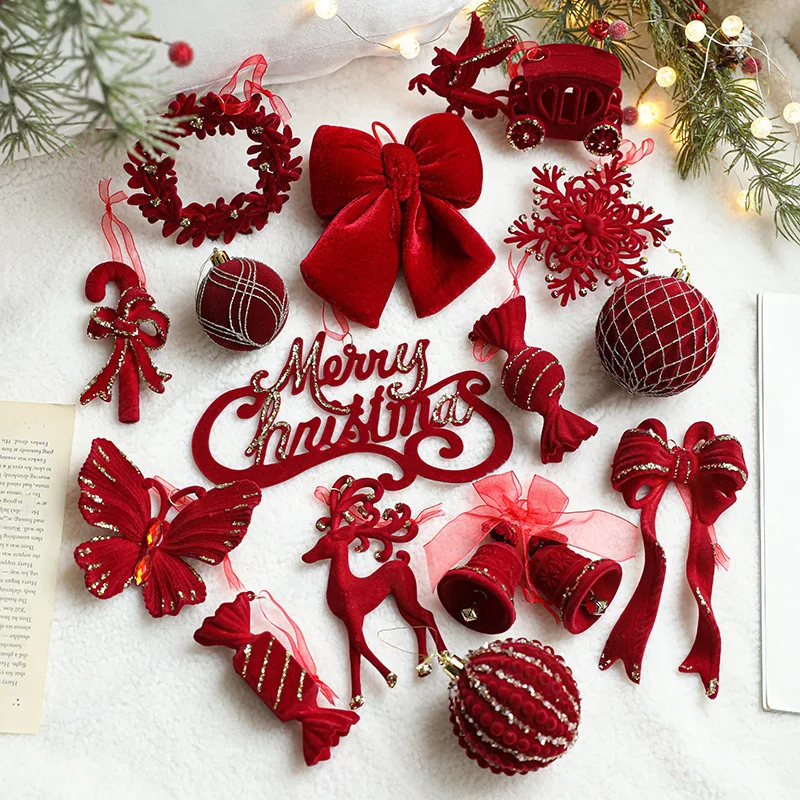 

Exquisite Christmas Red Velvet Bow Snowflak Elk Bell Pendant Christmas Tree Hanging Ornament 2026 New Year Party Home Decoration