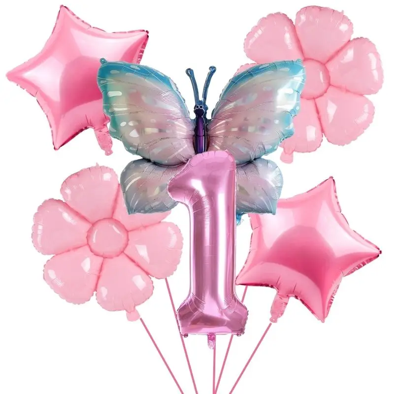 Butterfly Balloons Pink Butterfly Flower Foil Mylar Balloon 1-9 Number Helium Balloons for Happy Birthday Party Decorations