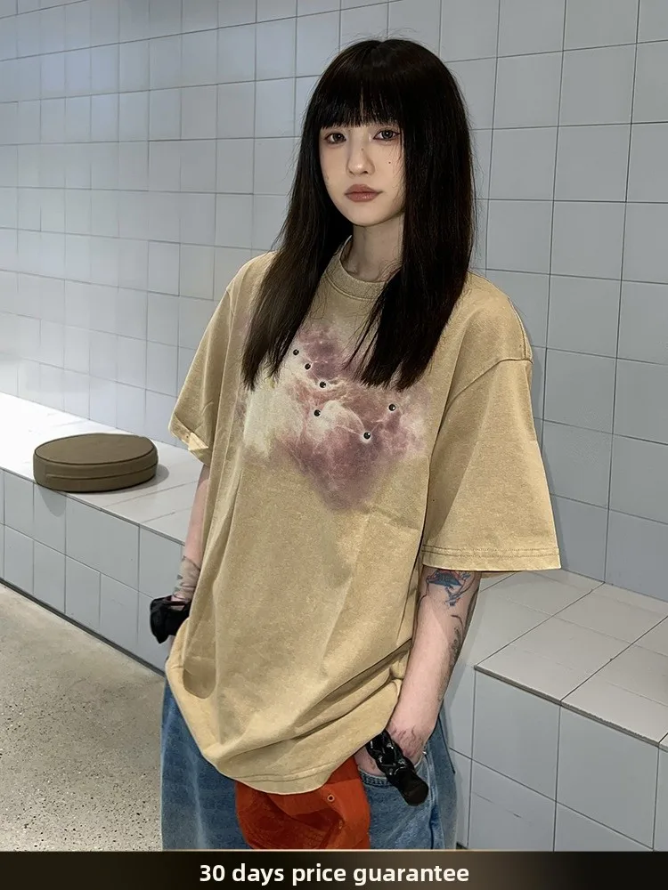 

NTED American Retro Waed Vintage Seven Star Rivet ort Sve T-irt Men Summer Lazy Couple Sle Casual Tee Cotton 00%