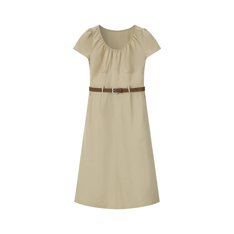 VIMLY Lyocell U-Neck Safari Style Solid Dress Summer Short Sleeve Vintage Casual Back Slit of Dress With Belts and Pockets 16635