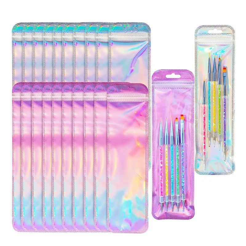 

200Pcs Mix Rainbow Zipper Pouch Long Holographic Plastic Resealable Mylar Pouch Gift Pen Packaging Bags Jewelry Necklace Baggies