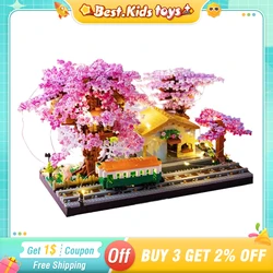 Sakura House Tree Trains With Lights Building Blocks Kids Toys City Street View Assemble Bricks Creative Gift For Girls Boys