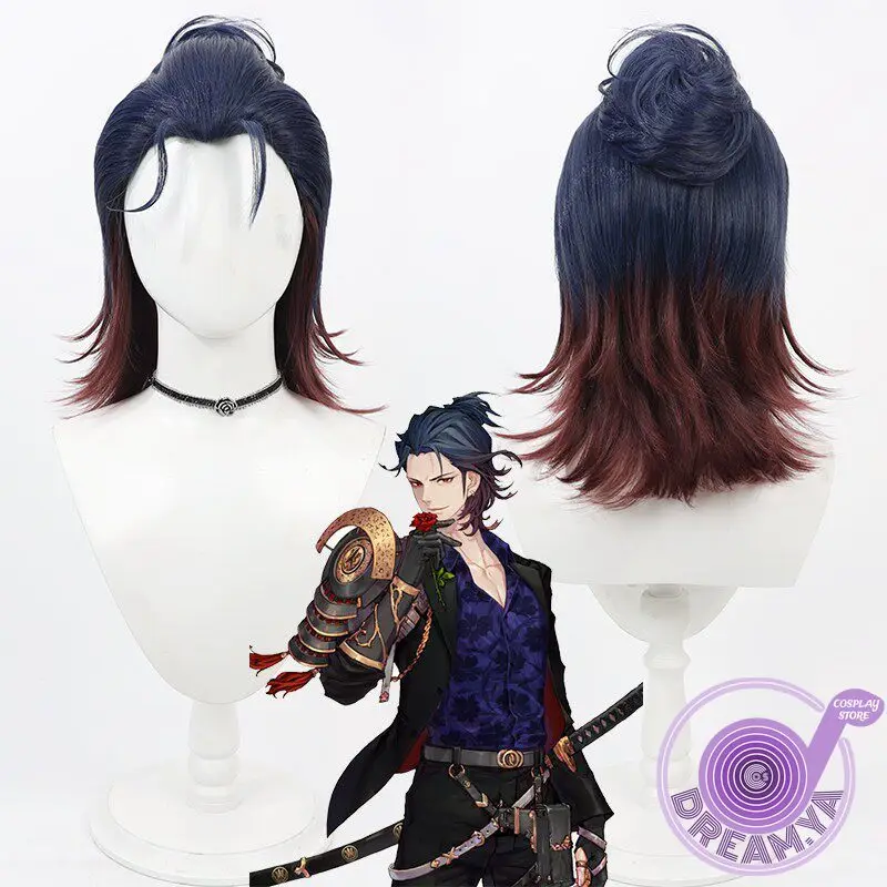 Fukushima Mitsutada Cosplay Wig Touken Ranbu Blue Red Heat Resistant Synthetic Hair Halloween Party Role Play Carnival + Wig Cap