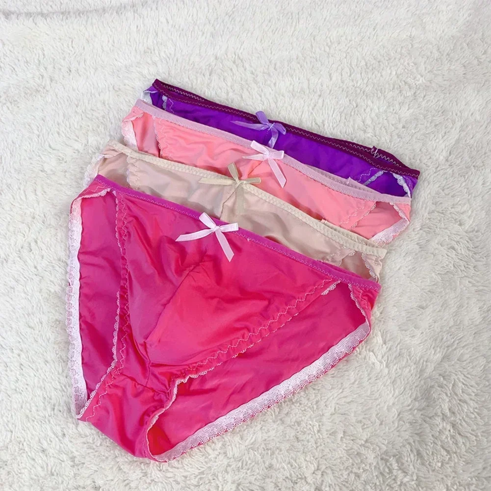 

Men's Panties Sexy Lingerie Ice Silk Skin Friendly Briefs Sissy Pouch Bikini Breathable Sweat Underwear Man Bow Lace Underpants