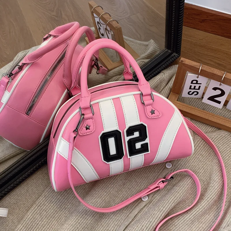 

Vintage Bowling Bag 2025 Fall Winter Striped Shoulder Bag Color Block Number Print Crossbody Purse Sporty Chic Top Handle