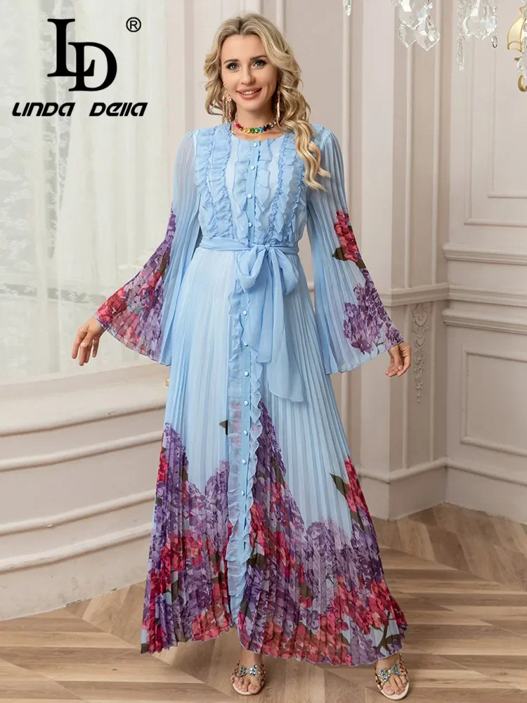 LD LINDA DELLA 2025 Spring/Summer New Women's Fashion Round Neck Long Sleeve Printed Black Fungus Edge Fully Folded Dress