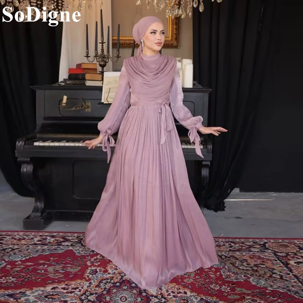 

SoDigne Modest Lilac Satin Evening Dresses A-Line High Neck Pleated Full Sleeves Draped Party Dress Muslim Prom Gowns Customized