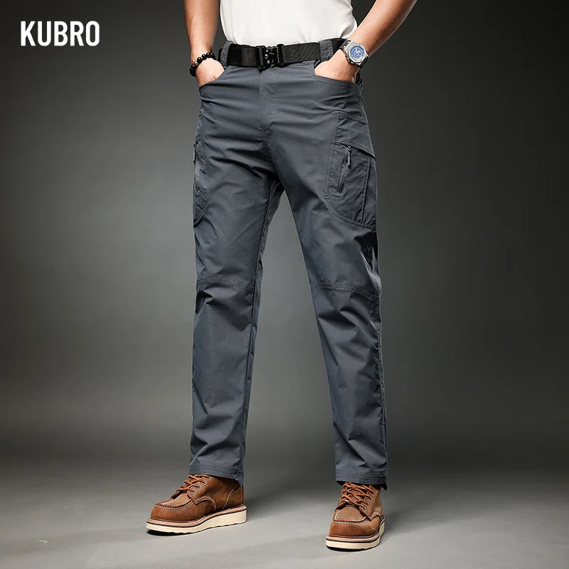 KUBRO American Fashion Mens Clothing Autumn Casual Versatile Multi Pocket Straight Cargo Pants Outdoor Camping Tactical Trousers