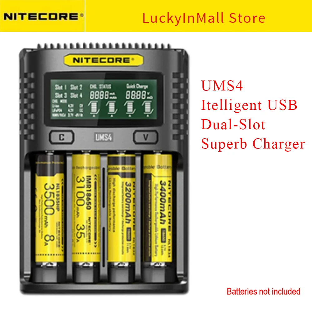 

NITECORE UMS4 Battery Charger QC Fast Charge with 4 Slots Output LCD Display For 18650 14500 16340 26650 21700 AA AAA Charging