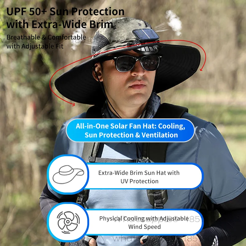 

,UPF 50+ Sun Cap, USB and Solar Power Supply, Suitable for Outdoor Fishing, Camping and Hiking