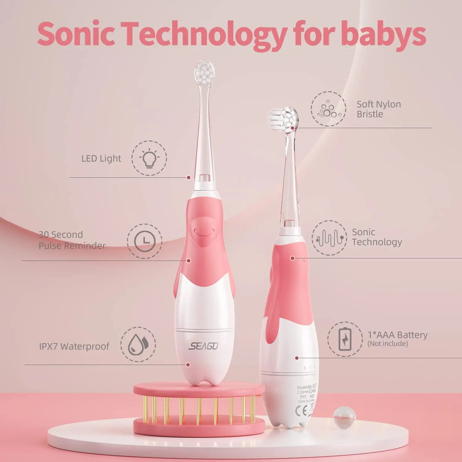 Seago Baby Electric Toothbrush for 0 to 3 Years Old Sonic Toothbrush LED Light Brush Smart Timer Waterproof IPX7 Baby Gift SG513