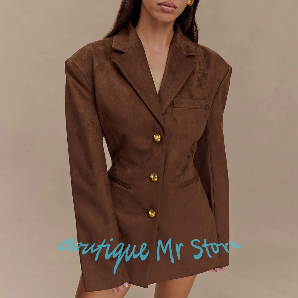 Brown Suede Women's Suit Single-Breasted Notch Lapel Blazer with Gold Buttons 1Piece Elegant Office Lady Outfit Daily Streetwear