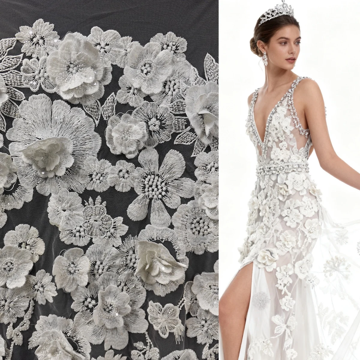 

Новая роскошная трехмерная цветочная ткань для вышивки бисером и блестками, свадебное платье, подарок, дизайнерская одежда, ткань «сделай сам»