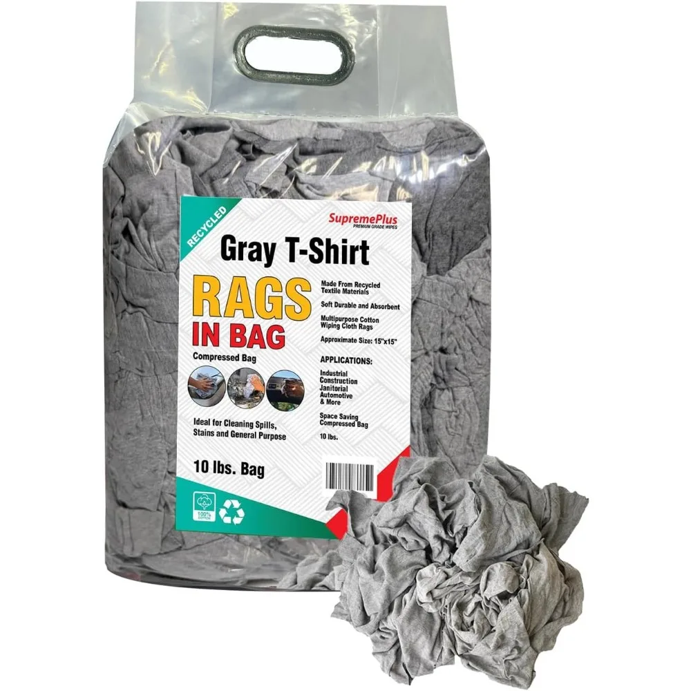 

Recycled Gray Cotton T Shirt Rags 10lb Bulk Cleaning Wipes for Garage Paint Dust Oil Wood Workshop Use