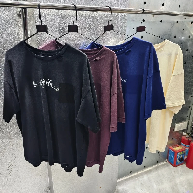 Men Loose Washed T-Shirt PALY Worn Font Destroy Edge Streetwear Short Sleeve Top