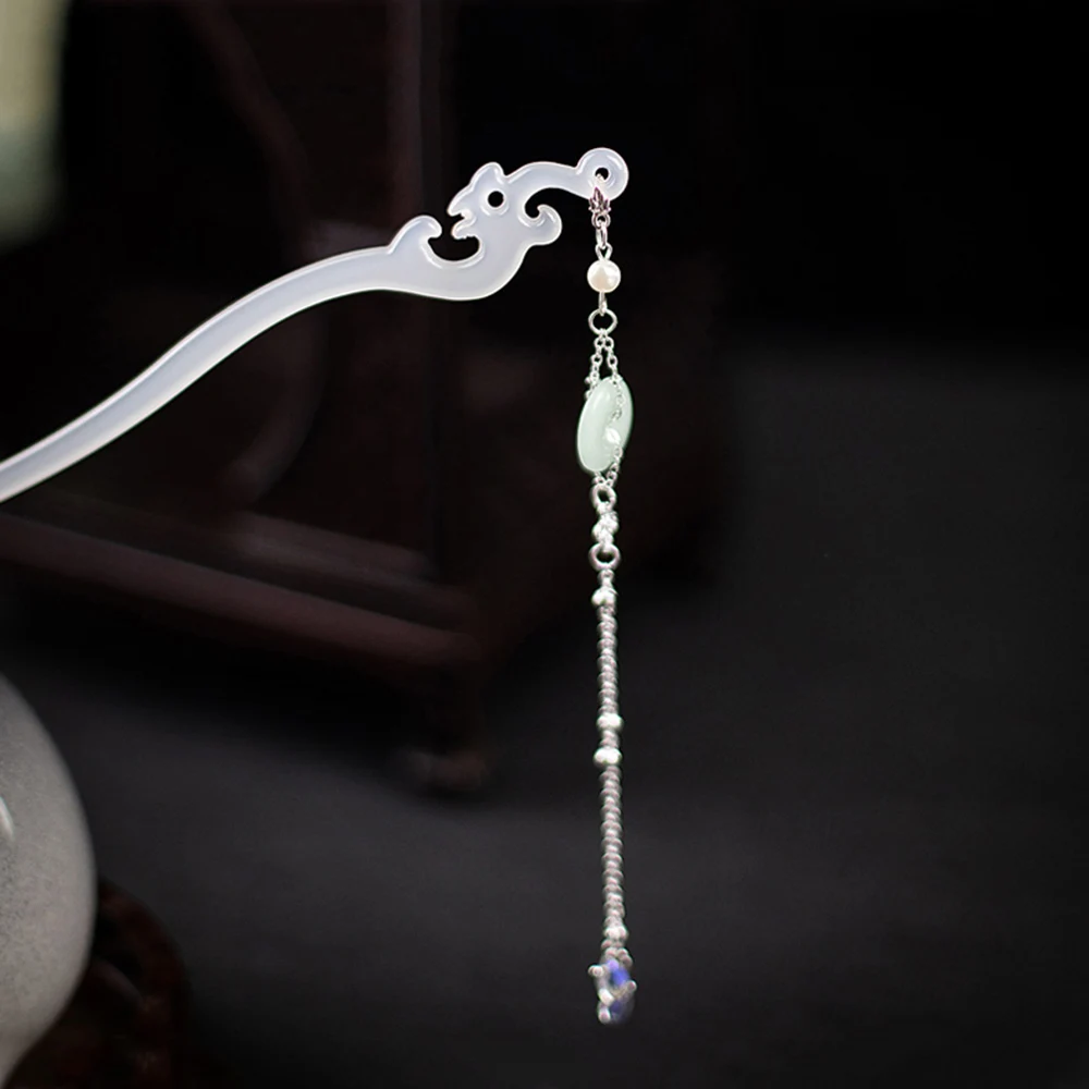 White/Green Acetic Acid Hair Sticks Forks Elegant Headwear Retro Chinese Style Hair Pin Chain Pendant Hair Jewelry for Women