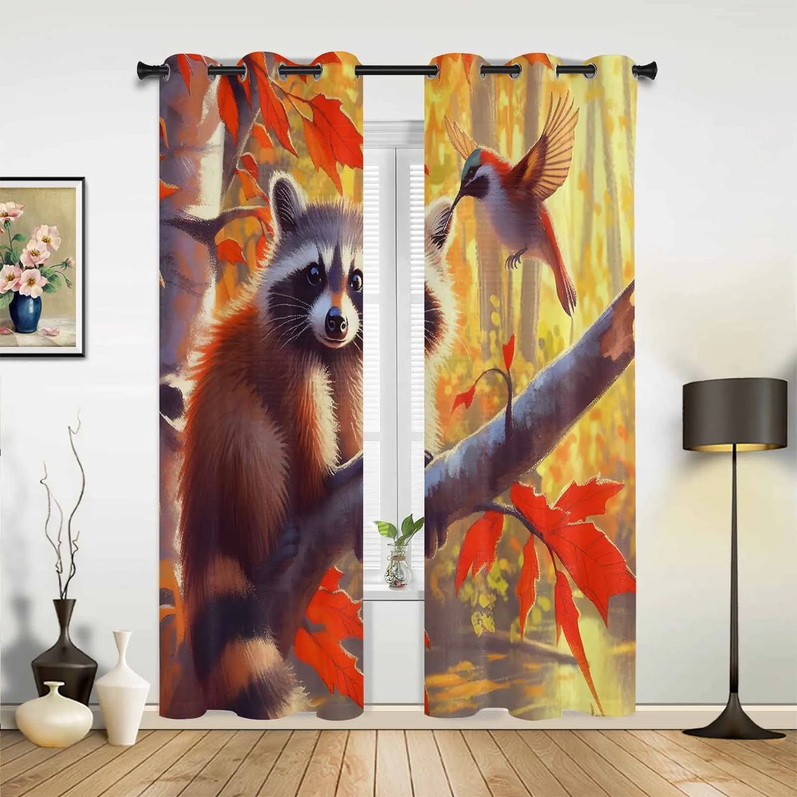 Fall Maple Tree Raccoon Hummingbird Curtains for Living Room Window Curtain for Bedroom Modern Indoor Home Decor Curtains