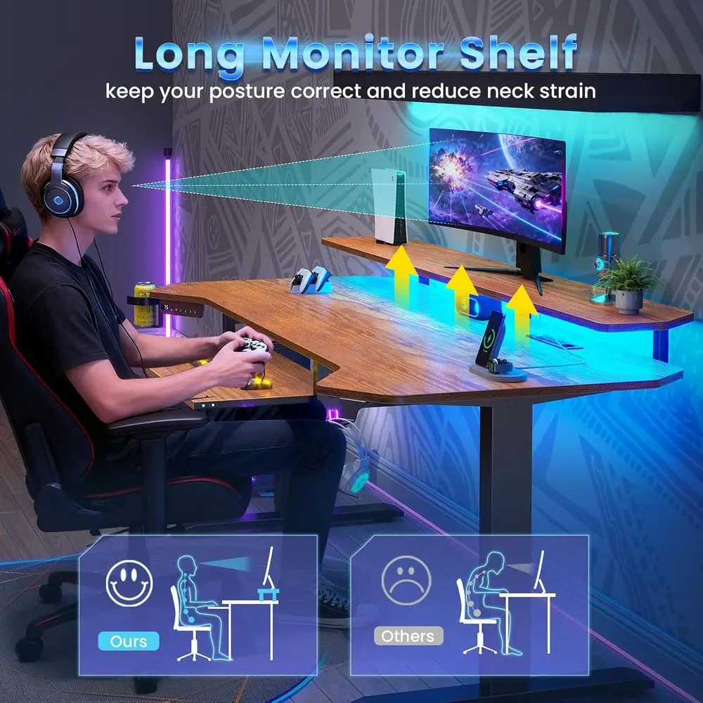 LED-lit Rustic Brown Standing Desk with Power Strip, Monitor Stand, and Keyboard Tray for Gaming and Small Spaces