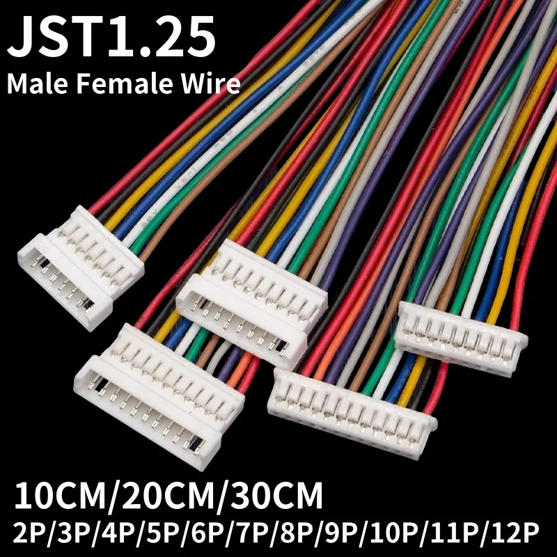 10 Stück JST 1.25 Stecker-Buchse-Kabelverbinder, Rastermaß 1,25 mm, 2P 3P 4P 5P 6P 7P 8P 9P 10P 11P 12-polig, Stecker-Buchse-Anschlusskabel 10 20 30CM