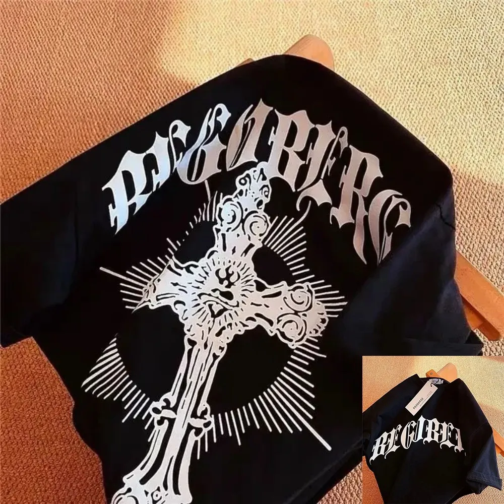 

European and American men's summer Gothic cross letter print comfortable and breathable round neck T-shirt outdoor street top