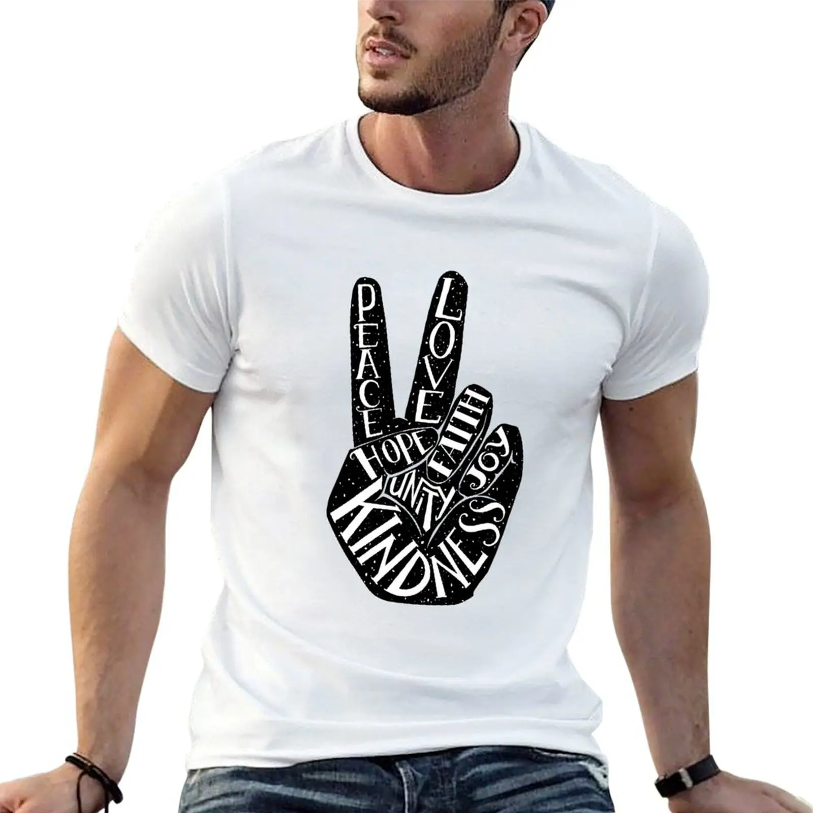 T-shirt avec signe de paix avec inscription Paix, Amour, Foi, Joie, Espoir, Gentillesse, Unité, T-shirt imprimé de style moderne