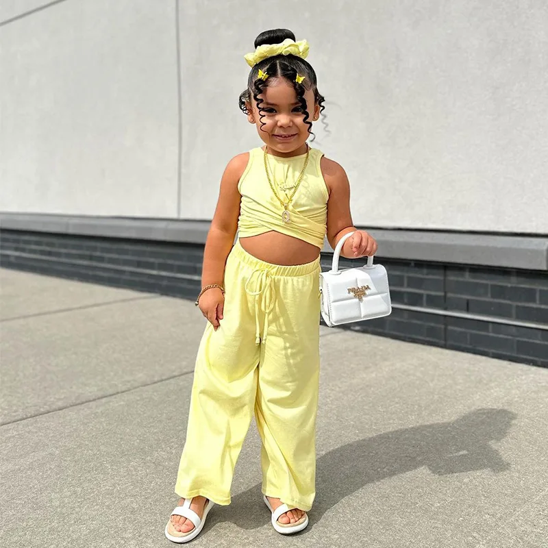 Qunq 2024 summer New Girls Fashion Solid vest Top + wide leg pants 2 Pieces Set Casual Kids Clothes Age 2T-7T