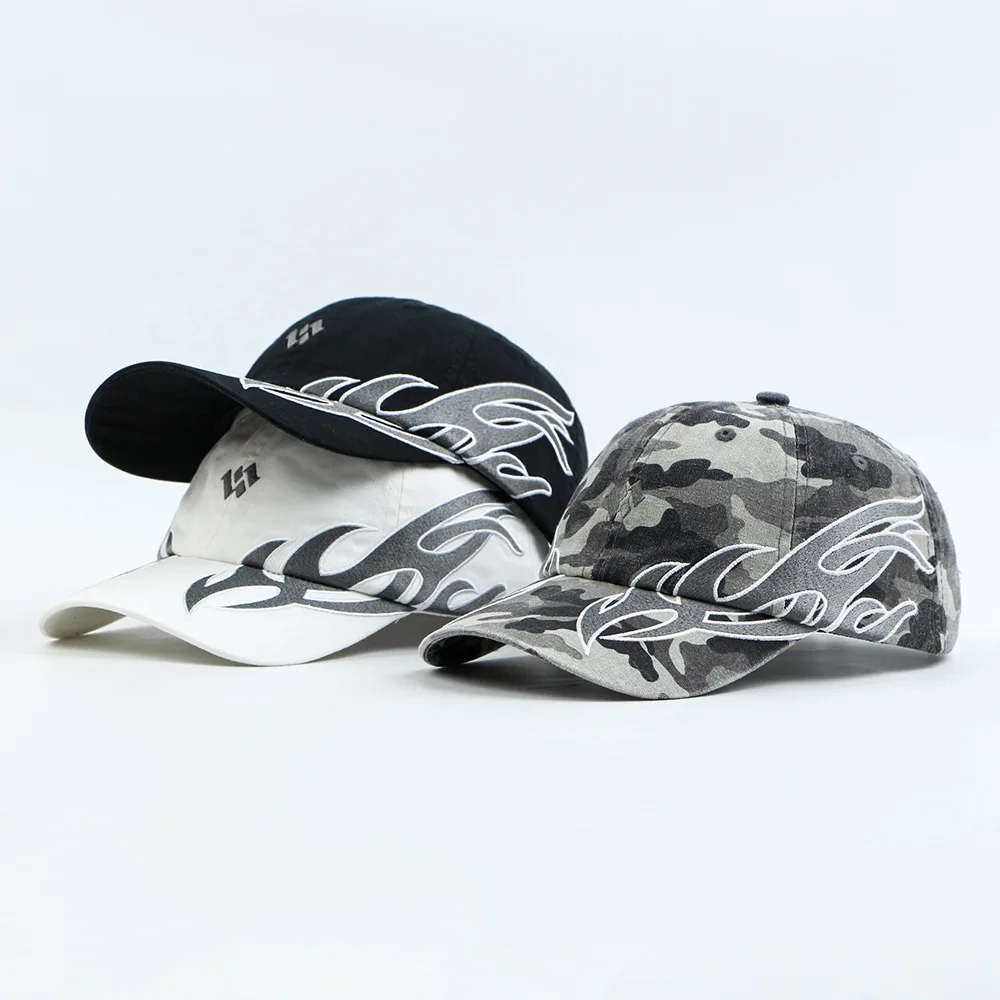 Hip-hop Style Flame Pattern American Baseball Cap Streetwear Curved Brim Soft Top Hat Comfortable Breathable Dad Hat