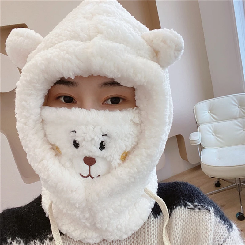 

New Cute Cartoon Bear Ear Cap Lamb Plush Hat Warm Thickened Ear Protection with Warm Mask for Women Girl Cap