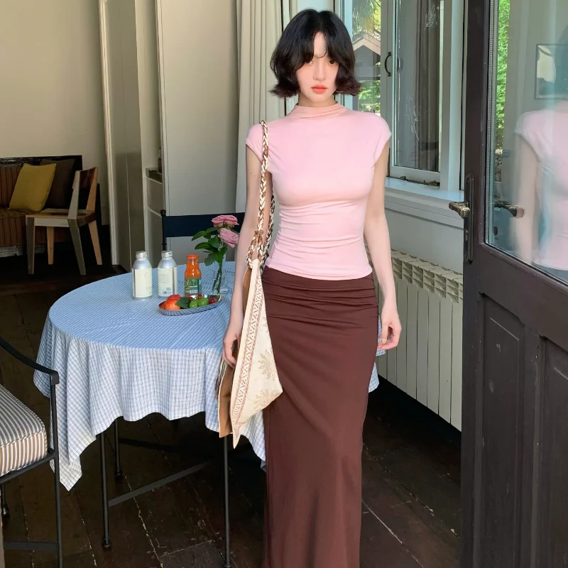 

Карамельная винтажная юбка с высокой талией, облегающая, с разрезом, женская, модная, летняя, новая модель, из полиэфирного волокна, повседневная