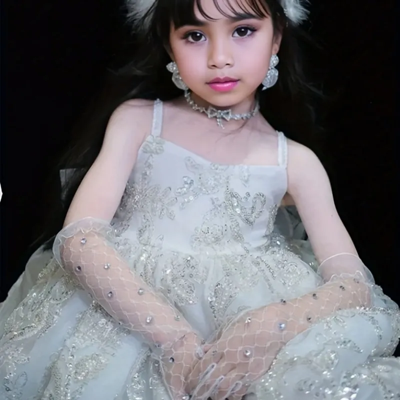 

Fashion Baby Girl Princess White Lace Gloves Sequins Wedding Party Pageant Thin Long Gloves Child Accessories