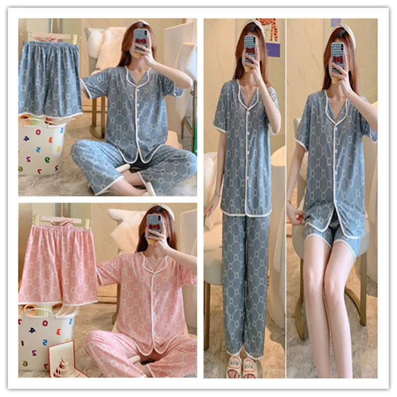

Short sleeved three piece pajama set Korean version sweet and cute cardigan women's home wear
