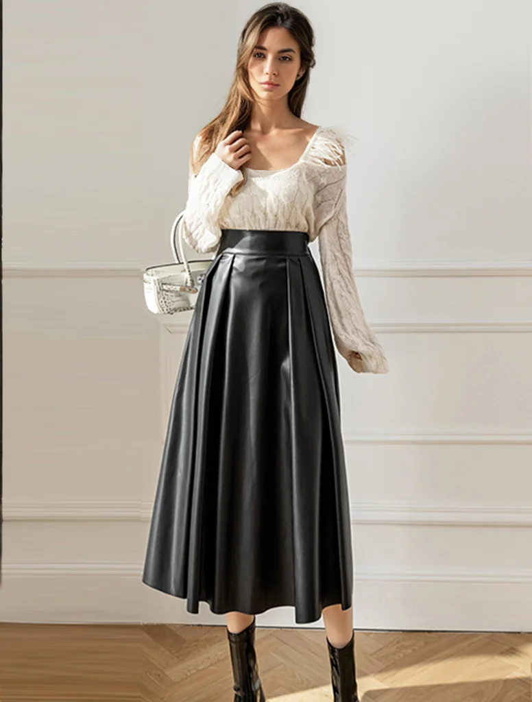 

Elegant Fashion High Waist Pu Leather Pleated Skirt Woman 2024 Autumn Winter Casual Big Swing Midi Skirt Female Black