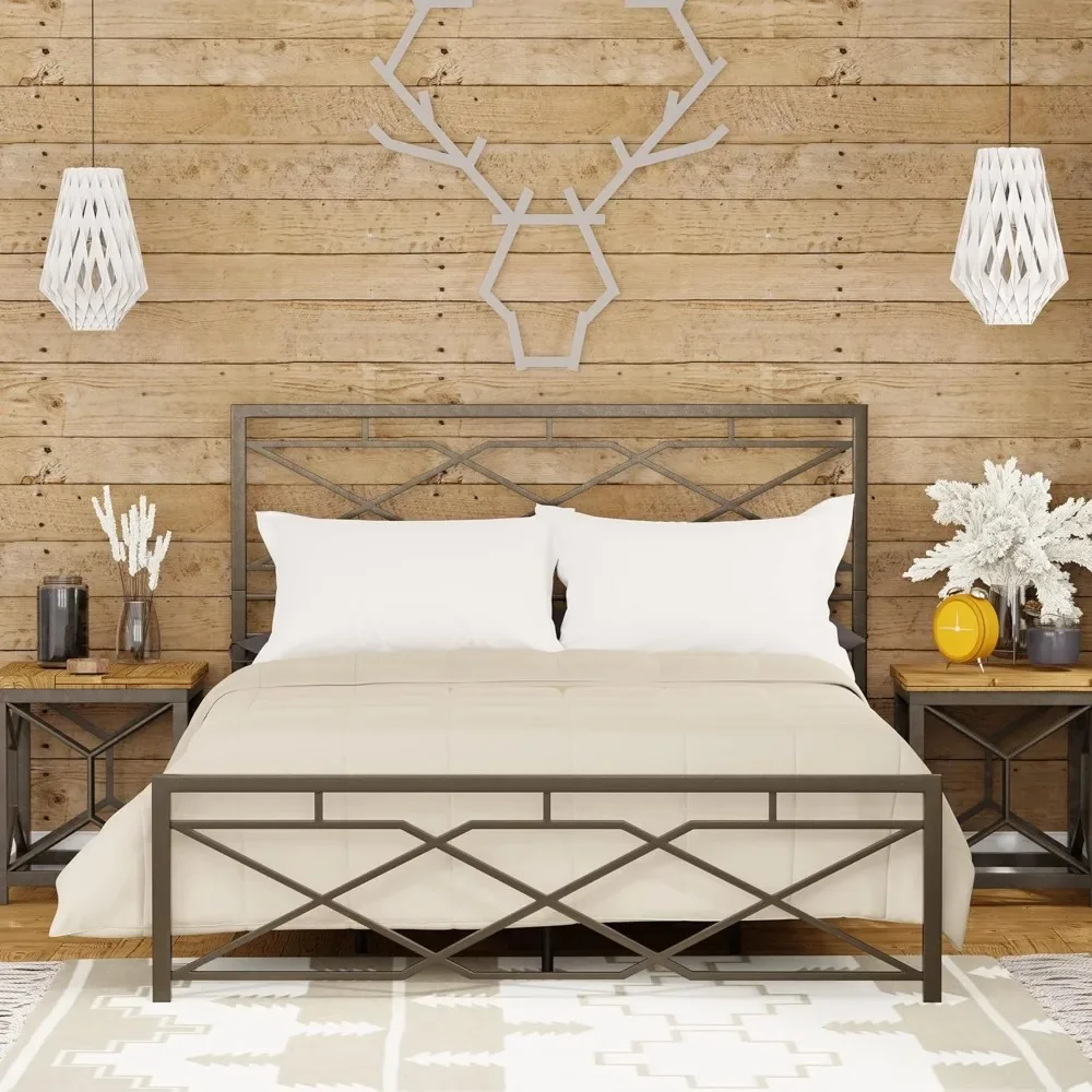 Metal Bed Frame - Carbon Steel with Rustic Pewter Finish Folding Bed Frame - Easy Assembly with Headboard and Footboard